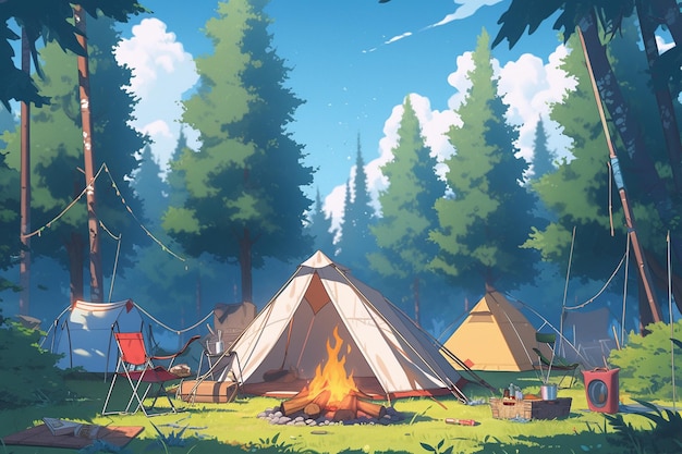 There is a tent that is sitting in the grass near a fire generative ai