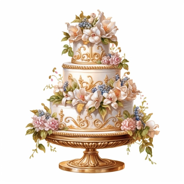 There is a three layer cake with flowers on top of it generative ai