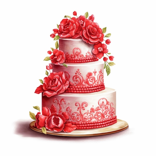 There is a three layer cake with red flowers on it generative ai