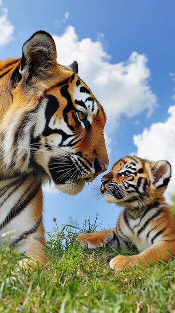 Photo there is a tiger and a baby tiger in the grass generative ai