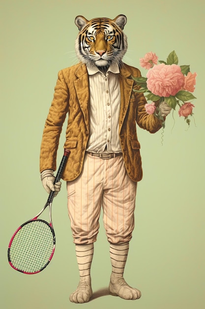 There is a tiger dressed in a suit holding a tennis racket AI Generative