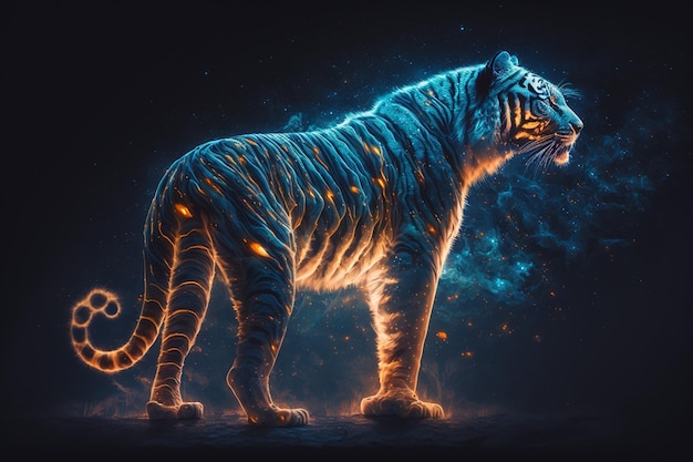 There is a tiger that is standing in the dark generative ai