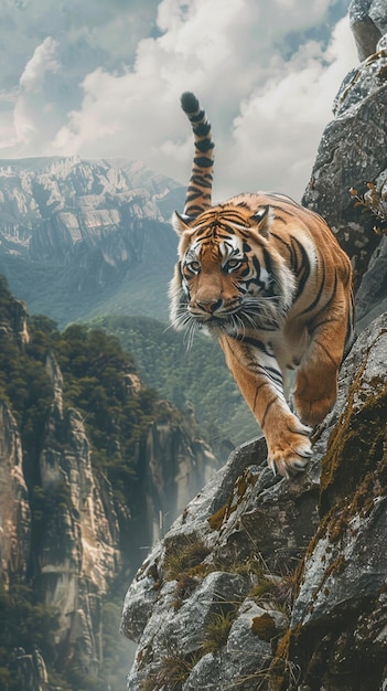 Photo there is a tiger walking on a rocky cliff with a mountain in the background generative ai