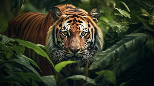 there is a tiger walking through the jungle with green leaves generative ai