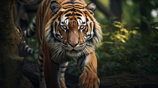 There is a tiger walking through the woods with a tree in the background generative ai