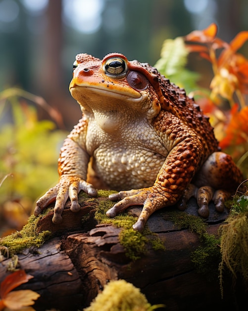 there is a toad sitting on a log in the woods generative ai