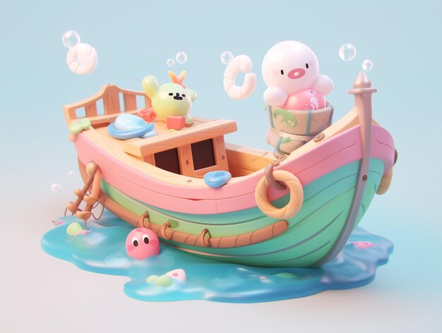 there is a toy boat with a octopus and other toys on it generative ai