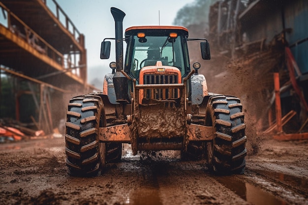 there is a tractor that is driving through the mud generative ai