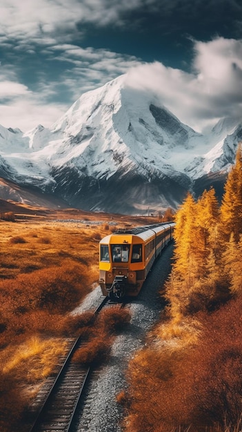 There is a train that is going down the tracks in the mountains generative ai