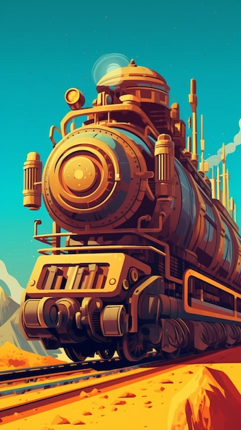 There is a train that is traveling down the tracks in the desert generative ai