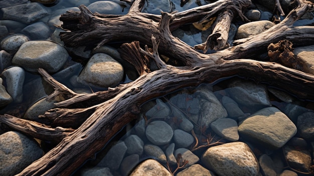 There is a tree that is laying on some rocks generative ai