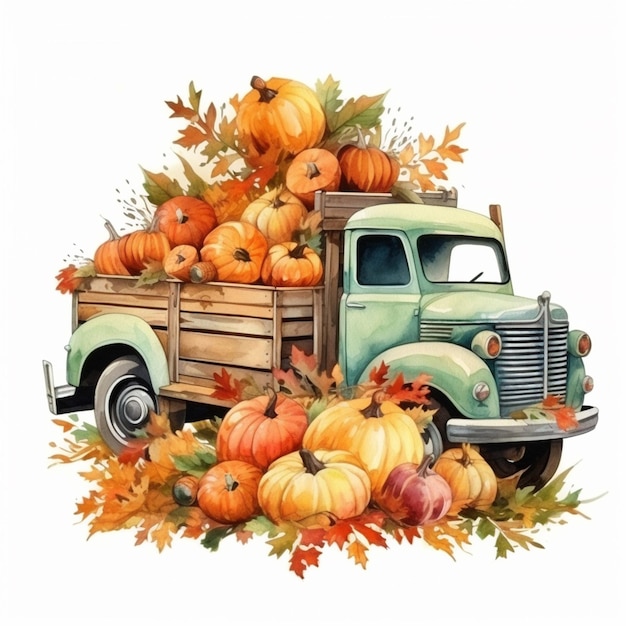 there is a truck with pumpkins and leaves on the back generative ai