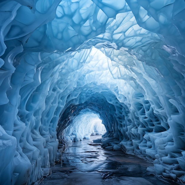 Photo there is a tunnel that has ice on the sides of it generative ai