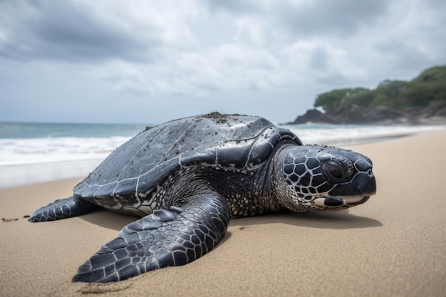 There is a turtle laying on the sand on the beach generative ai