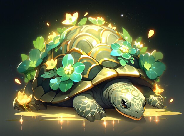 there is a turtle that is sitting on the ground with flowers generative ai