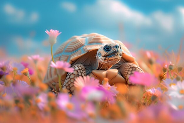 there is a turtle that is sitting in the middle of a field of flowers generative ai