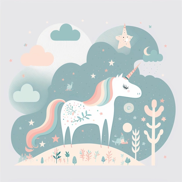 there is a unicorn standing in the grass with stars and clouds generative ai