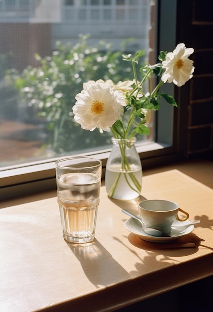 There is a vase of flowers and a cup of water on a table generative ai