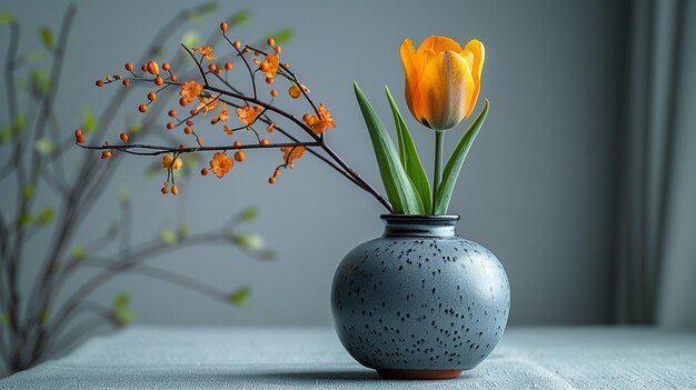 Photo there is a vase with a flower and a branch in it generative ai