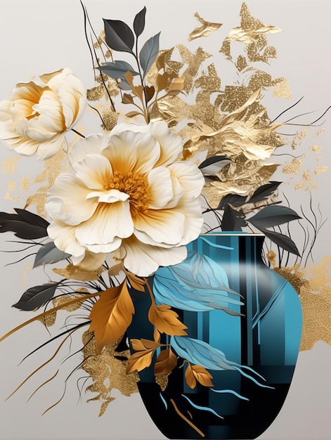 There is a vase with flowers and gold leaves in it generative ai