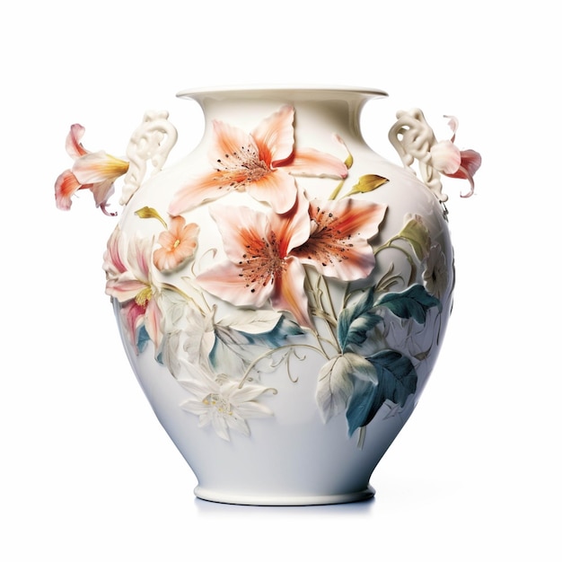 There is a vase with flowers painted on it on a white background generative ai