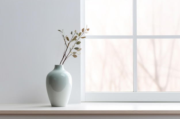 There is a vase with a plant in it sitting on a window sill generative ai