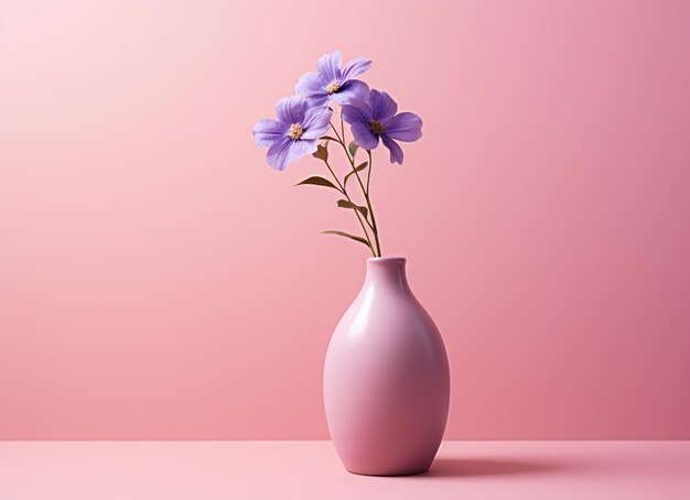 there is a vase with purple flowers in it on a pink surface generative ai