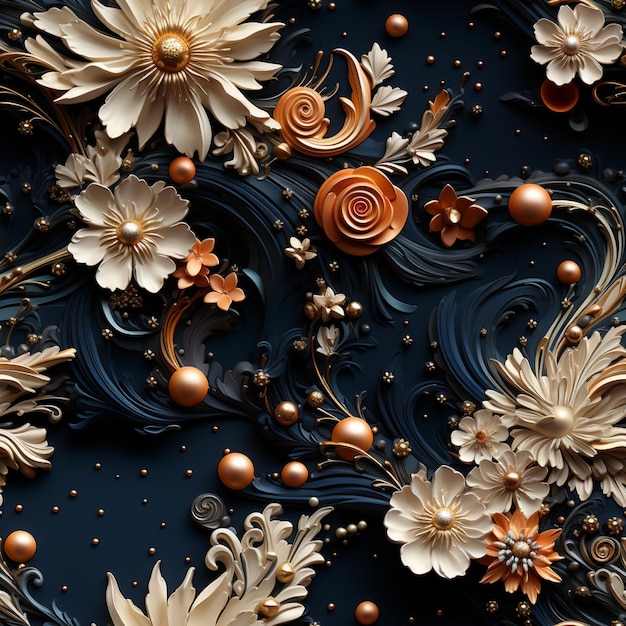 there is a very beautiful wallpaper with flowers and pearls generative ai