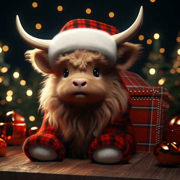 there is a very cute cow wearing a santa hat and sweater generative ai