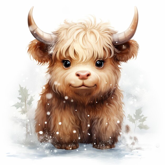 there is a very cute little cow with big horns in the snow generative ai