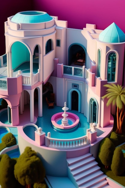 There is a very pretty pink and purple house with fountain generative ai