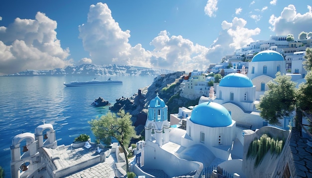 there is a view of a blue domed church on the cliff generative ai