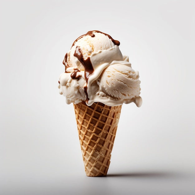 there is a waffle cone with ice cream and chocolate sauce generative ai