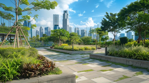 there is a walkway in the middle of a park with a view of a city generative ai