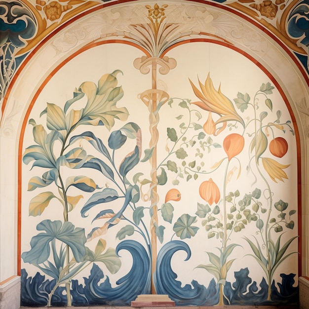 there is a wall painting with a floral design on it generative ai