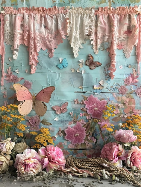 there is a wall with a bunch of flowers and butterflies on it generative ai