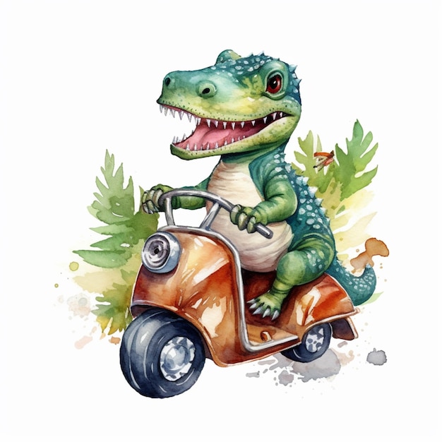 There is a watercolor drawing of a dinosaur riding a scooter generative ai