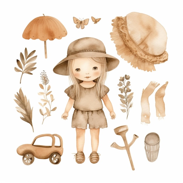 There is a watercolor drawing of a girl with a hat and a garden equipment generative ai