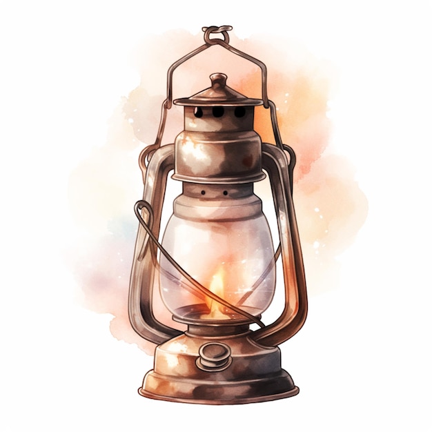 there is a watercolor drawing of a lantern with a light on it generative ai