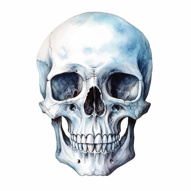 There is a watercolor drawing of a skull with a lower jaw generative ai