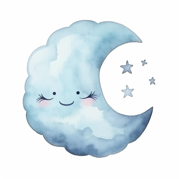 There is a watercolor drawing of a smiling moon with stars generative ai