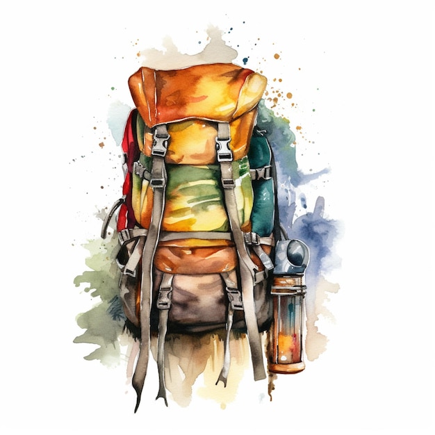 there is a watercolor painting of a backpack with a lantern generative ai