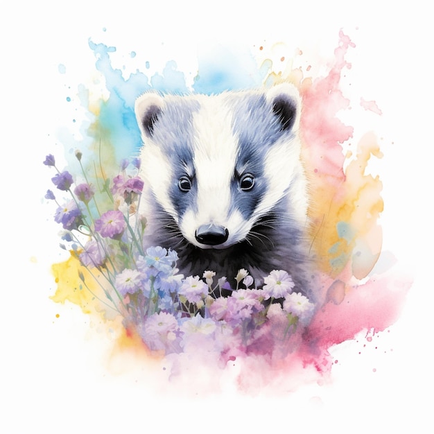 There is a watercolor painting of a badger cub in a field of flowers generative ai