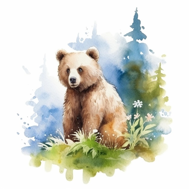 There is a watercolor painting of a bear sitting in the grass generative ai