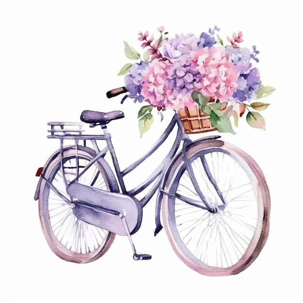 There is a watercolor painting of a bicycle with flowers on the basket generative ai