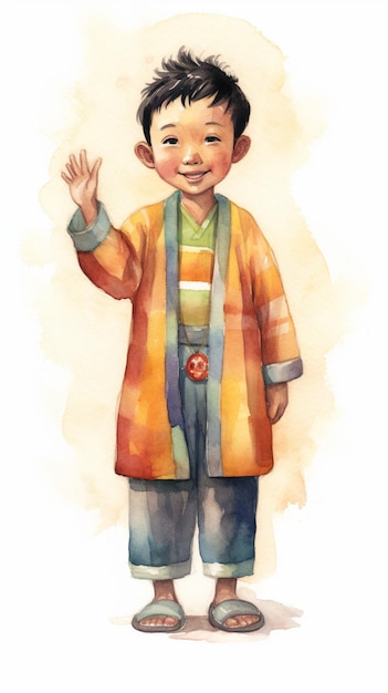 there is a watercolor painting of a boy in a kimono generative ai