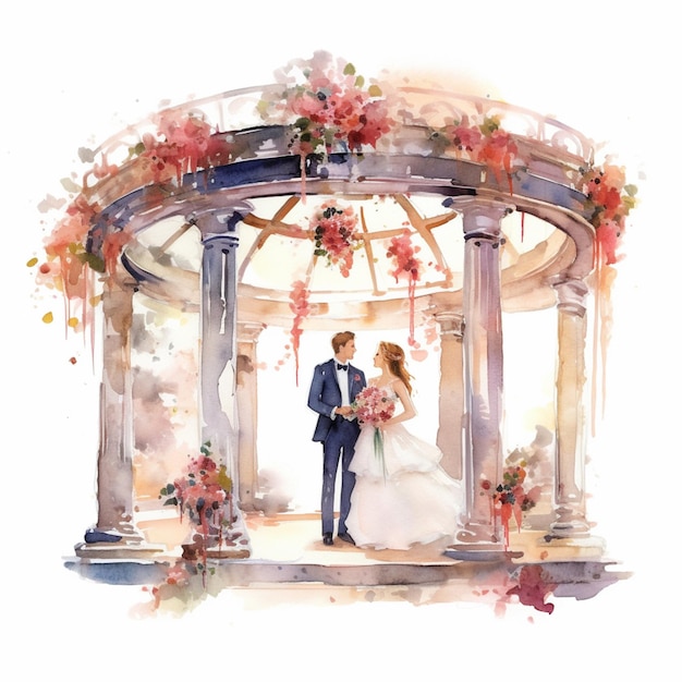 There is a watercolor painting of a bride and groom generative ai