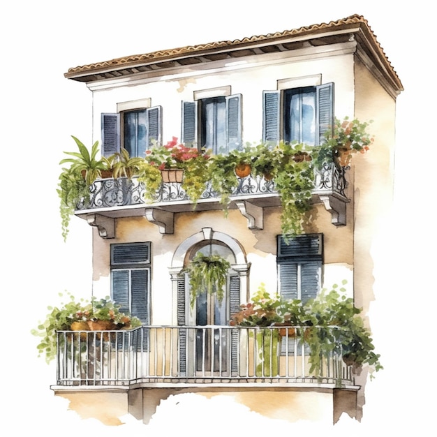 There is a watercolor painting of a building with a balcony and balconies generative ai