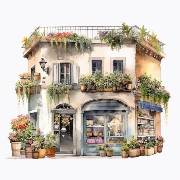 There is a watercolor painting of a building with potted plants generative ai