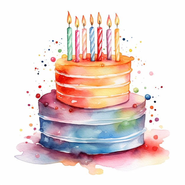 There is a watercolor painting of a cake with candles on it generative ai